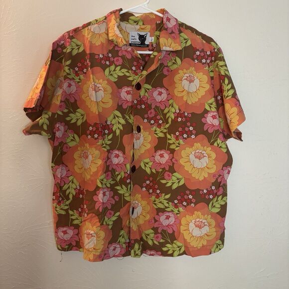 The Cats Pajamas Women's Large Collared Top Orange Floral Lightweight Cotton - Picture 1 of 4